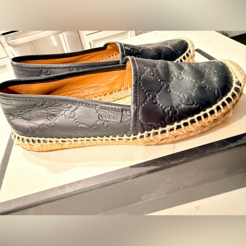 Gucci Embossed Black Leather Espadrilles